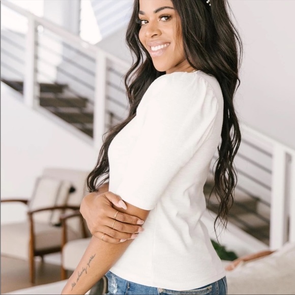 White Puff Sleeve Blouse Basic Knit Soft Stretchy - Picture 5 of 14